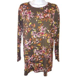 J.JILL X-Small Dark Gray w/ Floral Print Rayon Blend Round Neck LS Tiered Tunic
